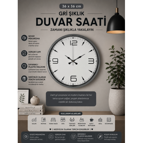 36 cm Gri Şıklık Duvar Saati