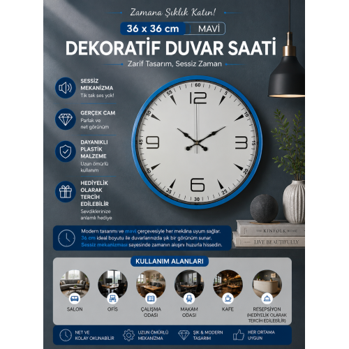 36 cm Mavi Dekoratif Duvar Saati – Beyaz Rakamlı Mavi Kadran