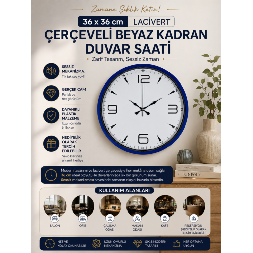 Lacivert Çerçeveli Beyaz Kadran 36 cm Duvar Saati