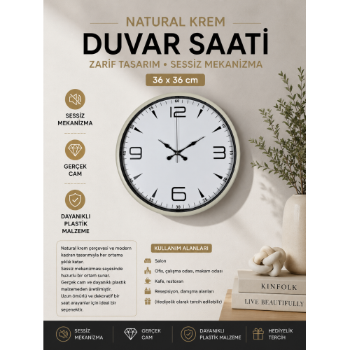 Natural Krem 36 cm Duvar Saati