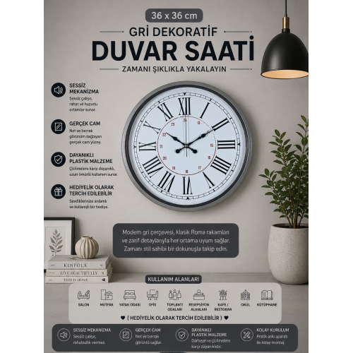 Gri Dekoratif 36 cm Duvar Saati