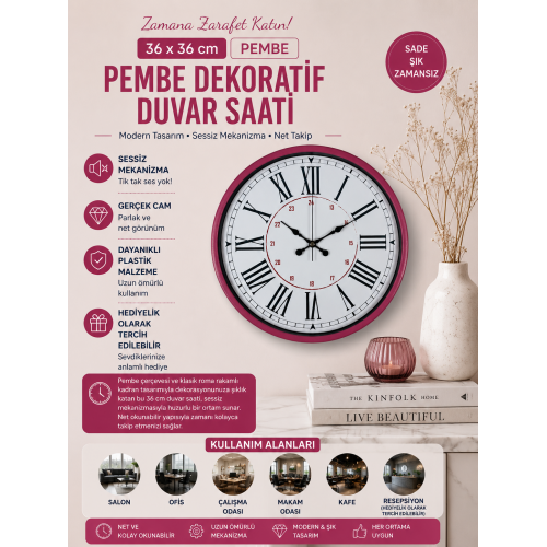 Pembe 36 cm Dekoratif Duvar Saati