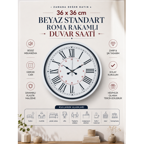 Beyaz 36 cm Standart Duvar Saati – Standart Roma Rakamlı