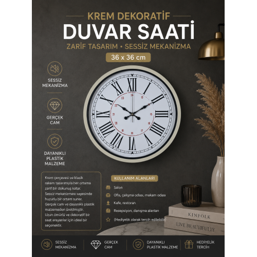 Krem 36 cm Dekoratif Modern Duvar Saati