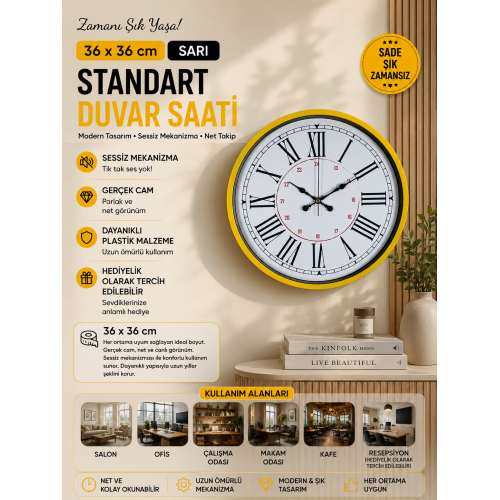 36 cm Sarı Standart Duvar Saati – Standart Roma Rakamlı