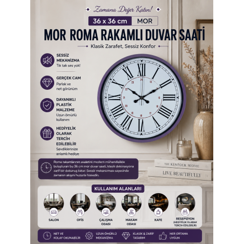 Mor Roma Rakamlı 36 cm Duvar Saati