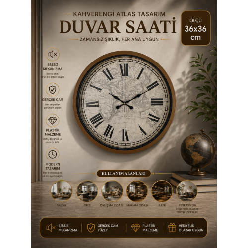 Kahverengi 36 cm Atlas Tasarım Duvar Saati