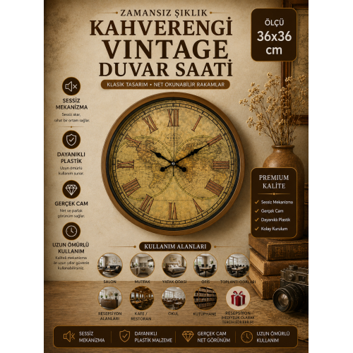 Kahverengi Vintage 36 cm Duvar Saati