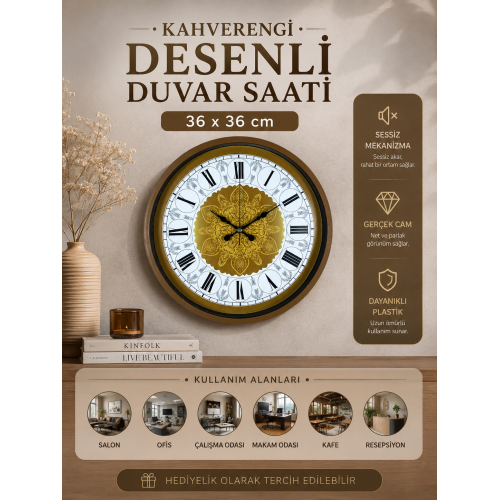 Kahverengi 36 cm Desenli Duvar Saati