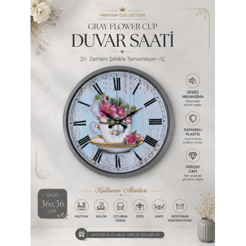 Gri Flower Cup 36 cm Duvar Saati