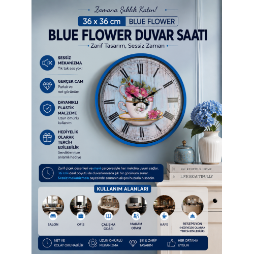 Blue Flower 36 cm Mavi Duvar Saati