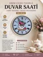 Krem 36 cm Çiçek Figürlü Duvar Saati