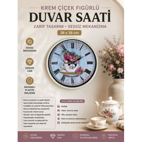 Krem 36 cm Çiçek Figürlü Duvar Saati