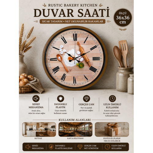 Rustic Bakery Kitchen Kahverengi 36 cm Duvar Saati