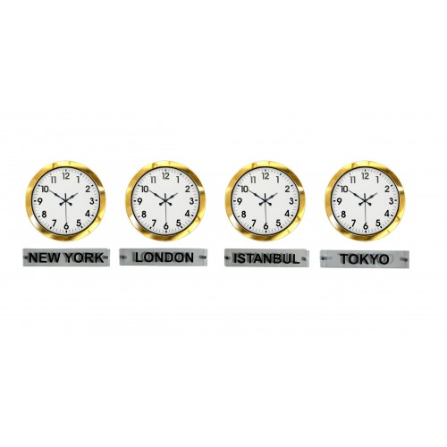 LuxTime Gold Series 36 cm 4 lü Tabelalı Dünya Duvar Saati – Otel ve Resepsiyon Saati