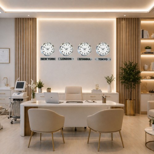 SilverLine 4’lü 36 cm Krom Metal Tabelalı Dünya Saat Seti – Otel ve Resepsiyon Saati
