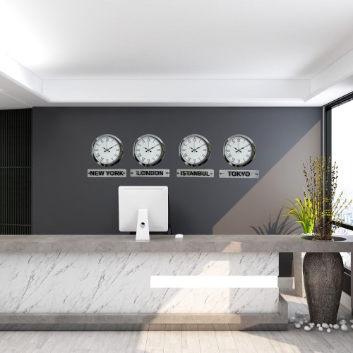 Krom Series 36 cm Metal Tabelalı Dünya Saatleri Seti – Otel ve Resepsiyon Saati