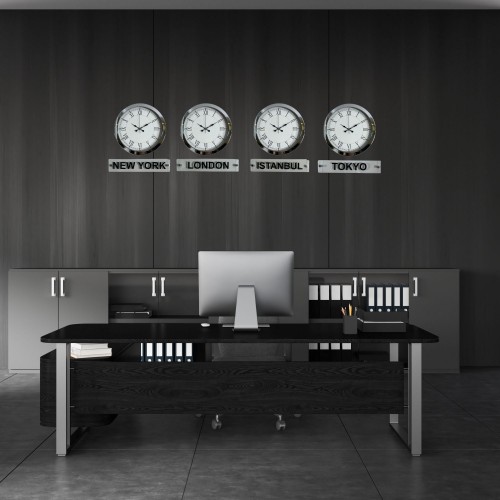 Krom Series 36 cm Metal Tabelalı Dünya Saatleri Seti – Otel ve Resepsiyon Saati