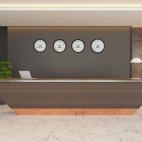 36 cm 4’lü Dünya Saatleri Siyah Roma Rakamlı – Otel ve Resepsiyon Saati