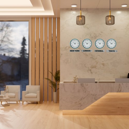Turkuaz 36 cm 4 lü Tabelalı Dünya Saatleri Seti – Otel ve Resepsiyon Saati