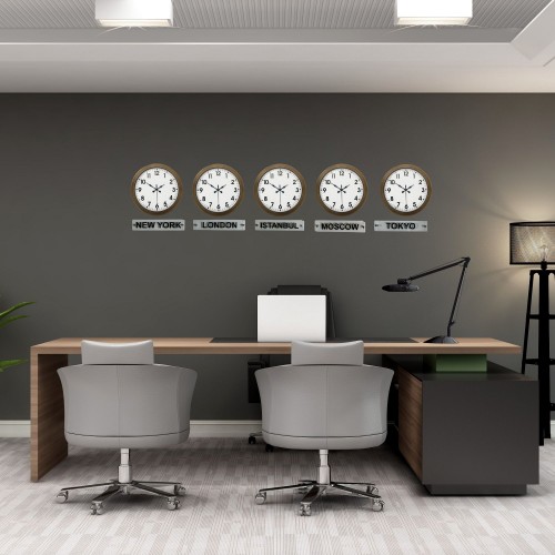 Vintage World Time – 5’li Eskitme 36 cm Metal Tabelalı Dünya Saatleri – Otel ve Resepsiyon Saati