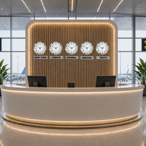 Modern Krom 5’li 36 cm Metal Tabelalı Dünya Saatleri – Otel ve Resepsiyon Saati
