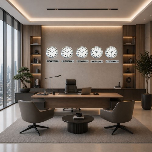 Modern Krom 5’li 36 cm Metal Tabelalı Dünya Saatleri – Otel ve Resepsiyon Saati