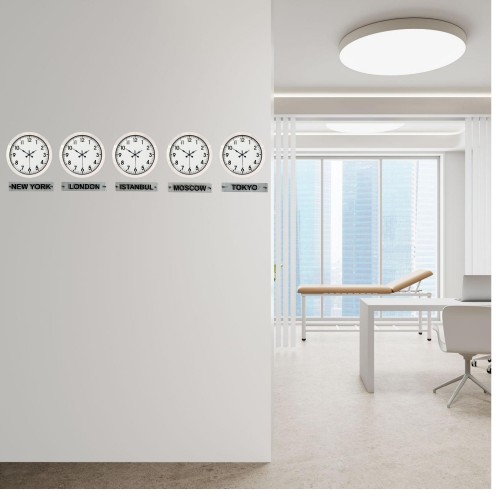 Prime 36 cm Metal Dünya Saatleri – 5’li Beyaz Set – Otel ve Resepsiyon Saati
