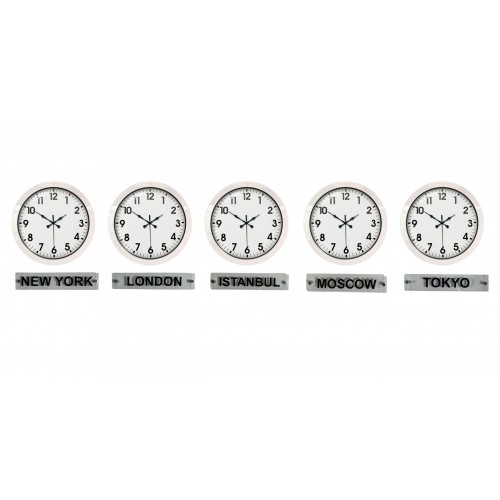 Prime 36 cm Metal Dünya Saatleri – 5’li Beyaz Set – Otel ve Resepsiyon Saati
