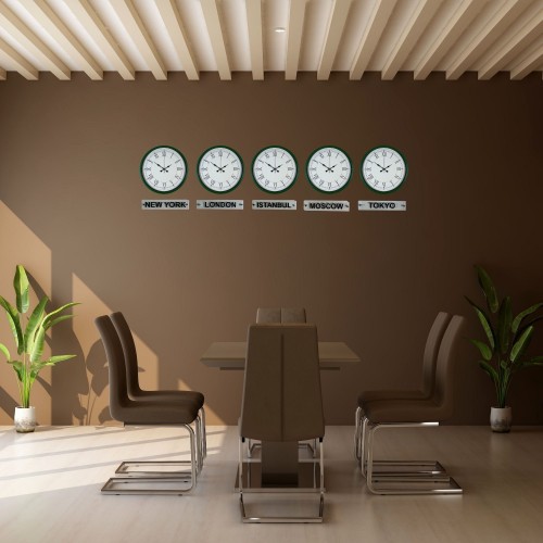 Nature Yeşil 36 cm Tabelalı 5 li Dünya Saatleri – Otel ve Resepsiyon Saati