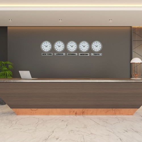 Krem 36 cm 5 li Tabelalı Dünya Saatleri – Otel ve Resepsiyon Saati