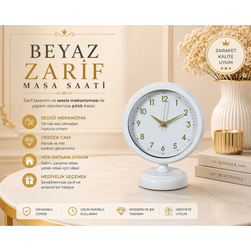 Beyaz 25 x 20 cm Metal Gold Detaylı Masa Saati