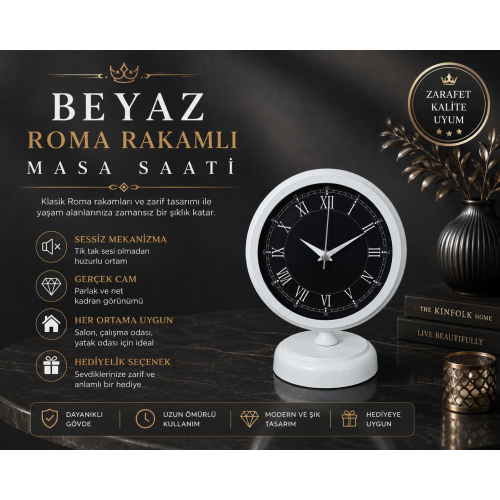 Roma Rakamlı Beyaz 25 x 20 cm Metal Masa Saati