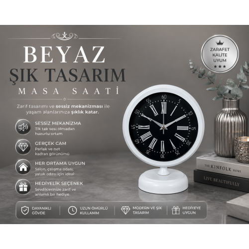 Beyaz Kontrast Tasarım 25 x 20 cm Metal Masa Saati