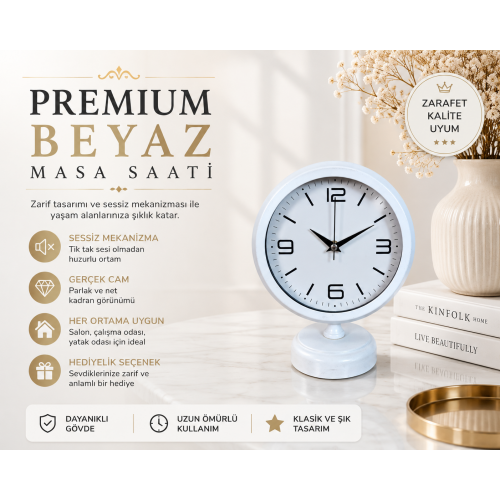 Premium Beyaz 25 x 20 cm Metal Masa Saati