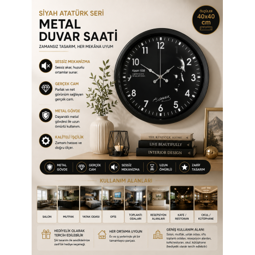 Siyah 40 cm Metal Atatürk Seri Duvar Saati