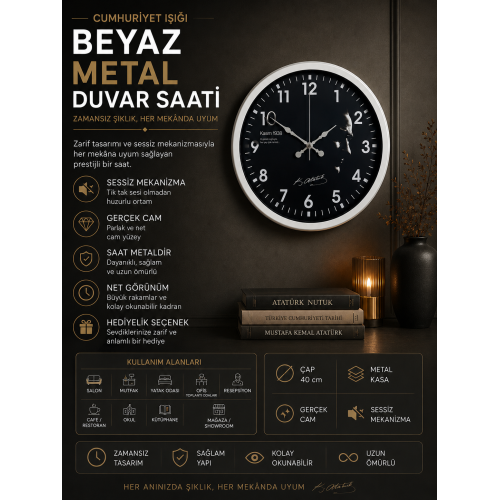 Cumhuriyet Işığı Beyaz Seri 36 cm Metal Duvar Saati