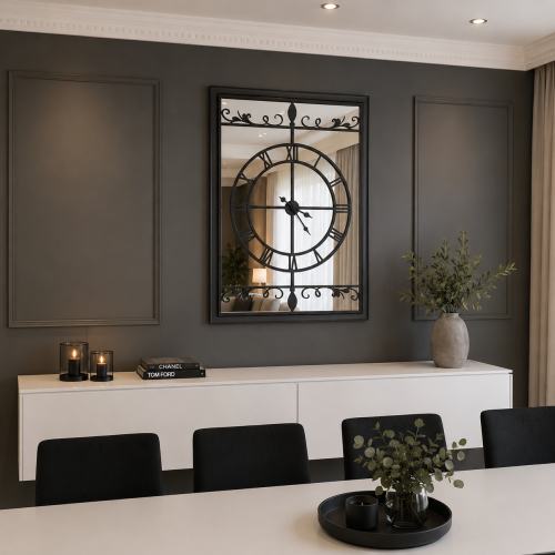 Siyah Modern 90 x 65 cm Aynalı Duvar Saati