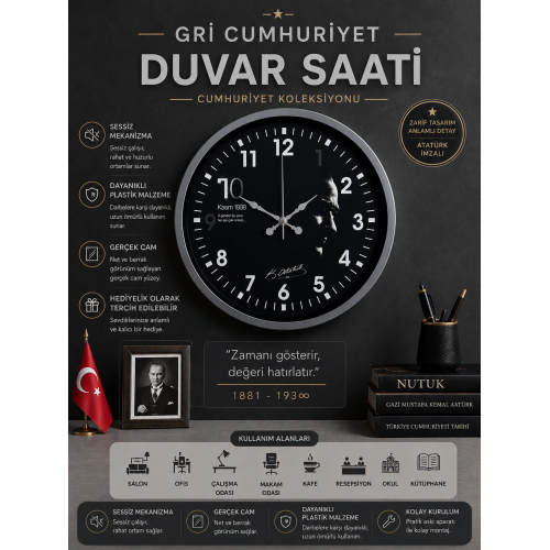 Gri 36 cm Cumhuriyet Koleksiyonu Atatürk Duvar Saati