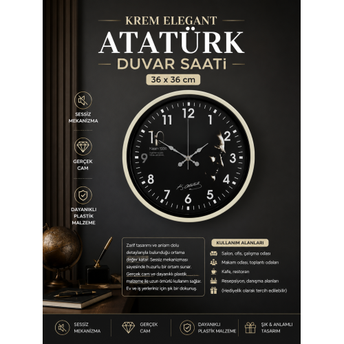 Krem 36 cm Elegant Atatürk Duvar Saati