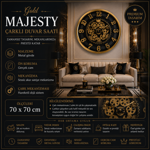 Gold Majesty 70 x 70 cm Çarklı Duvar Saati