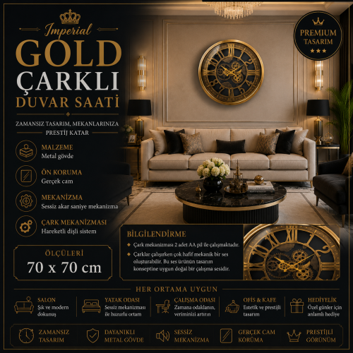 İmperial Gold 70 x 70 cm Çarklı Duvar Saati