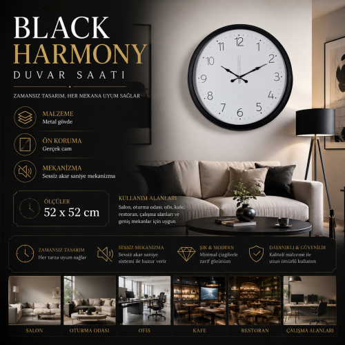 Black Harmoney 52 x 52 cm Duvar Saati