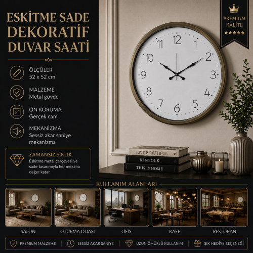 Eskitme Sade Dekoratif 52 x 52 cm Duvar Saati