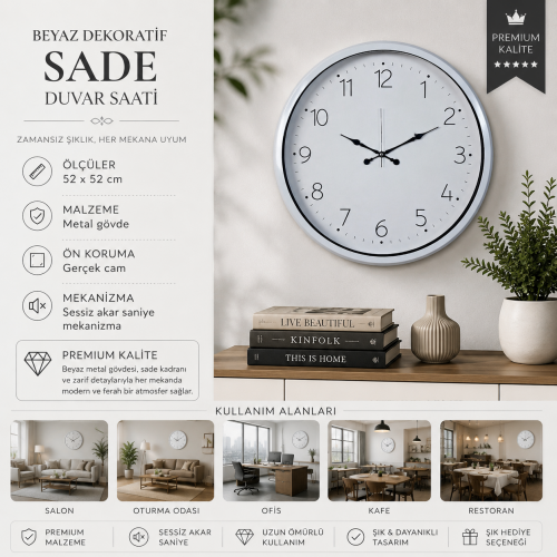 Beyaz Dekoratif Sade 52 x 52 cm Duvar Saati