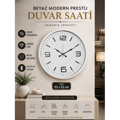 Beyaz Modern Prestij 52 cm Metal Duvar Saati