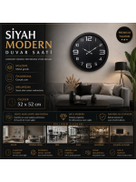 Siyah Modern 52 x 52 cm Duvar Saati