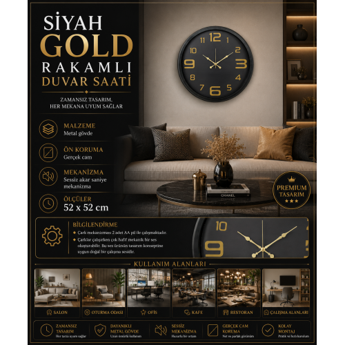 Siyah Gold Rakamlı 52 x 52 cm Duvar Saati