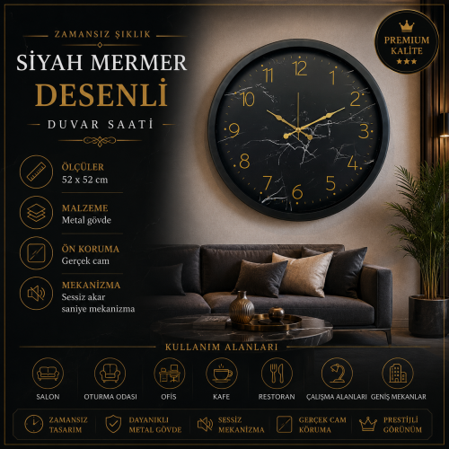 Siyah Mermer Desenli 52 x 52 cm Duvar Saati