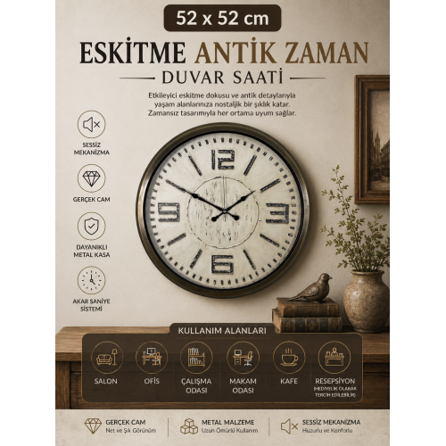 Eskitme Antik Zaman 52 cm Metal Duvar Saati